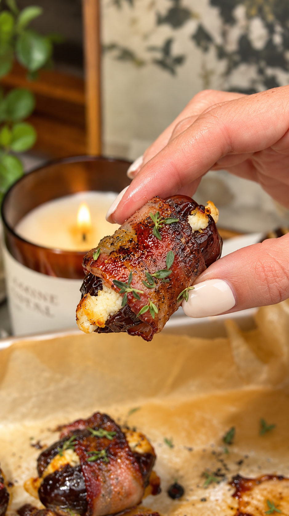 Dátiles rellenos de queso de cabra y envueltos en tocino